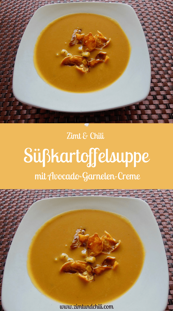 SÜßKARTOFFELSUPPE MIT AVOCADO-GARNELEN-CREME - Diese #Süßkartoffelsuppe hat als Einlage eine leckere Avocado-Garnelen-Creme. Die #Suppe ist #schnellundleicht zu #kochen. Das Rezept ist #milchfrei und eignet sich für eine #cleaneating Ernährung.