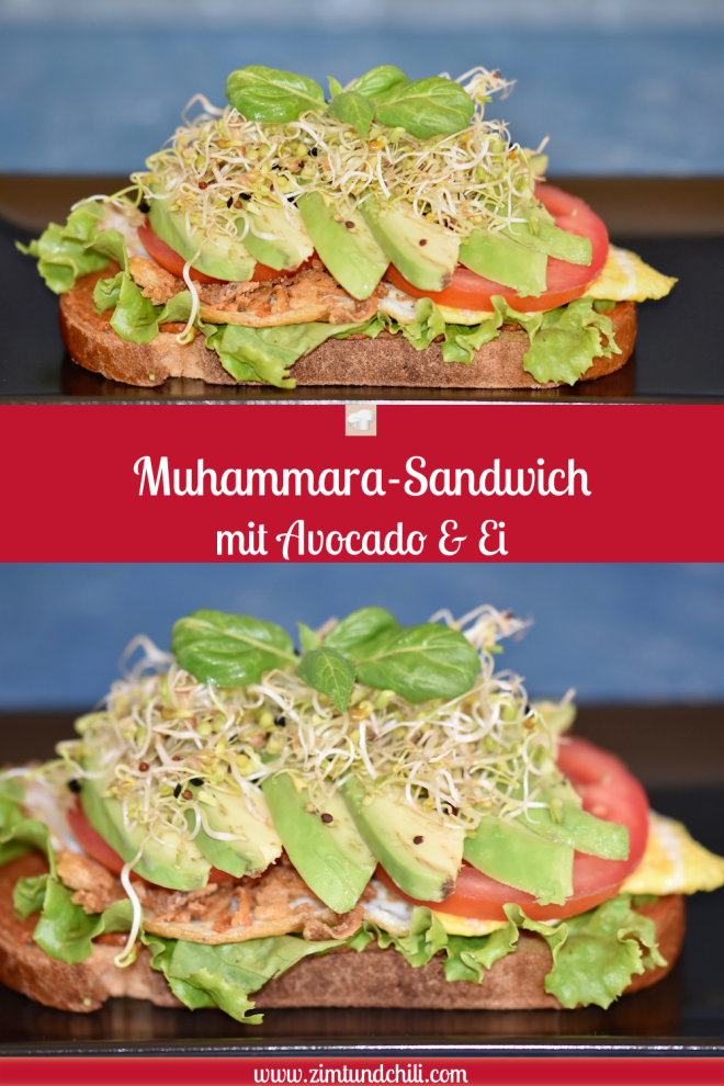 Muhammara - Sandwich - Avocado - Ei - einfach - kalt - warm - vegetarisch - Rezept - Spiegelei - gesund