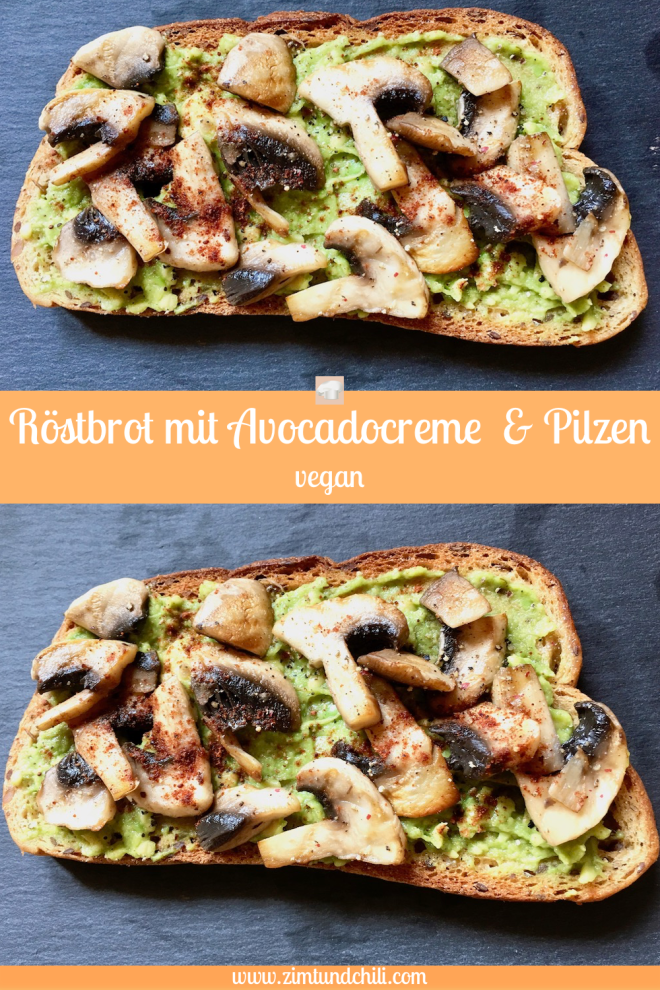 röstbrot - avocadocreme - avocado - pilze - champignons - vegan - pfanne - brotidee - brot belegen - gesund - schnell und einfach - rezept - abendessen - gerichte mit brot