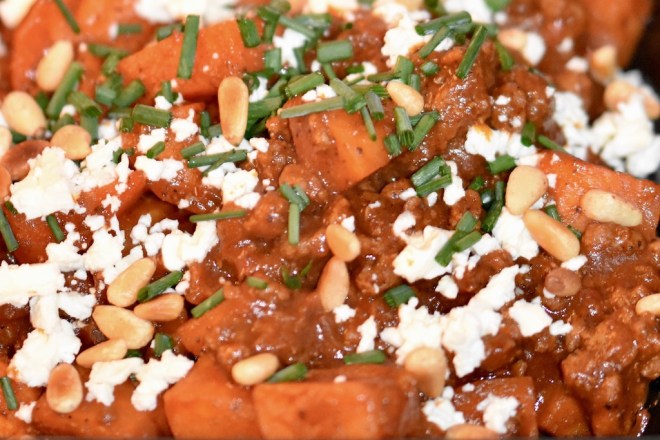 orientalische Süßkartoffel-Hackfleisch-Pfanne mit Feta - orientalisch - Hackfleisch - Süßkartoffel - Feta - Lunchbox - kochen - Rezept - glutenfrei - schnellundeinfach
