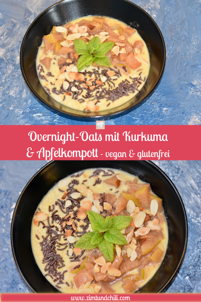 Overnight-Oats - Haferflocken - Kurkuma - Apfelkompott - abnehmen - schnelles Frühstück - gesundes Frühstück - sättigendes Frühstück - glutenfrei - vegan - Rezept - warmes Frühstück