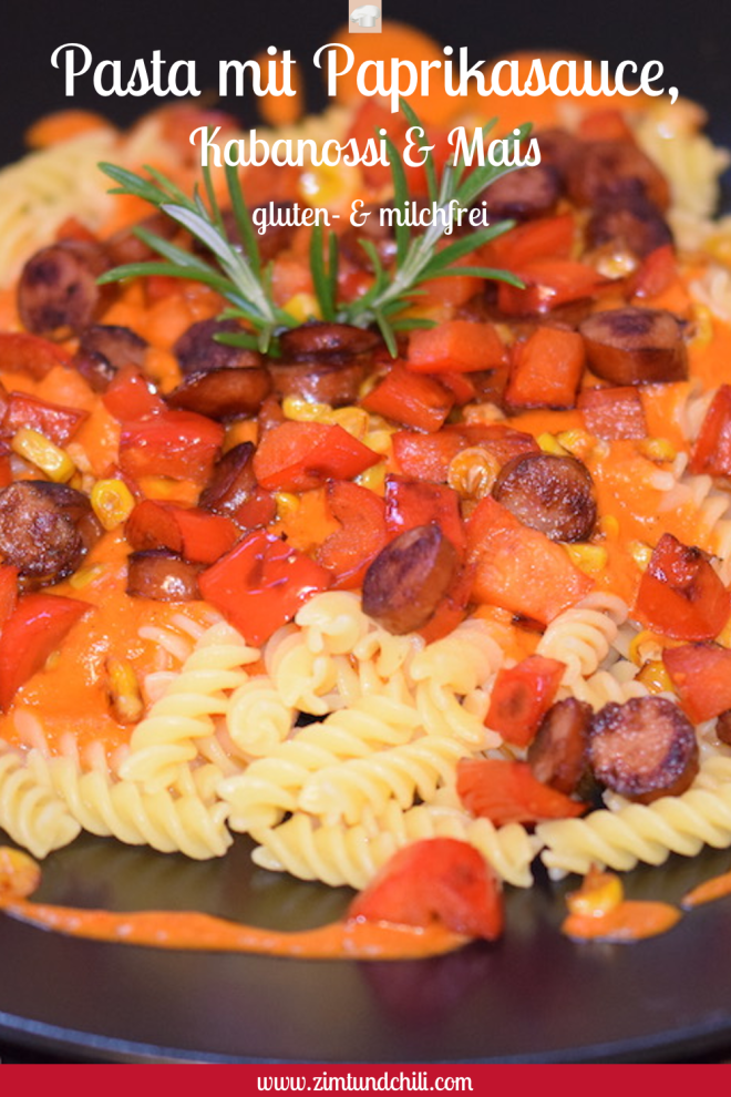 Pasta - Nudeln - Paprikasauce - Paprika - Sauce - Kabanossi - Cabanossi - Mais - Rezept - einfach - schnell - frische Paprika - Gemüse - Soße -glutenfrei - milchfrei