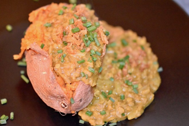 Süßkartoffel - Kartoffel - Kumpir - Ofen - Füllung - Dal - Rezepte - essen - Linsen - rote Linsen - Kokosmilch - vegan - indisch - einfach - vegetarisch