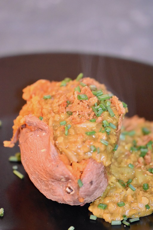 Süßkartoffel - Kartoffel - Kumpir - Ofen - Füllung - Dal - Rezepte - essen - Linsen - rote Linsen - Kokosmilch - vegan - indisch - einfach - vegetarisch