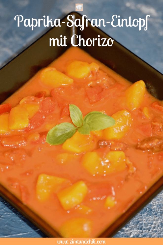 Paprika-Safran-Eintopf mit Chorizo - Eintopf - Safran - Paprika - Chorizo - Wurst - Kartoffeln - Rezept - glutenfrei - milchfrei - Gemüse - schnell - einfach - Tomaten - Herbst - One Pot