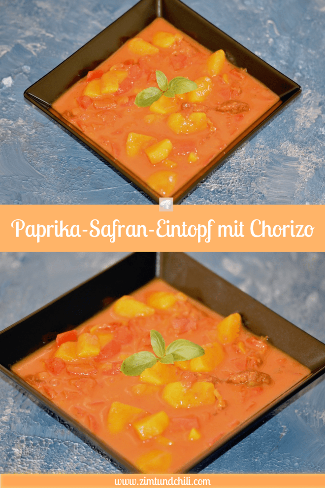Paprika-Safran-Eintopf mit Chorizo - Eintopf - Safran - Paprika - Chorizo - Wurst - Kartoffeln - Rezept - glutenfrei - milchfrei - Gemüse - schnell - einfach - Tomaten - Herbst - One Pot