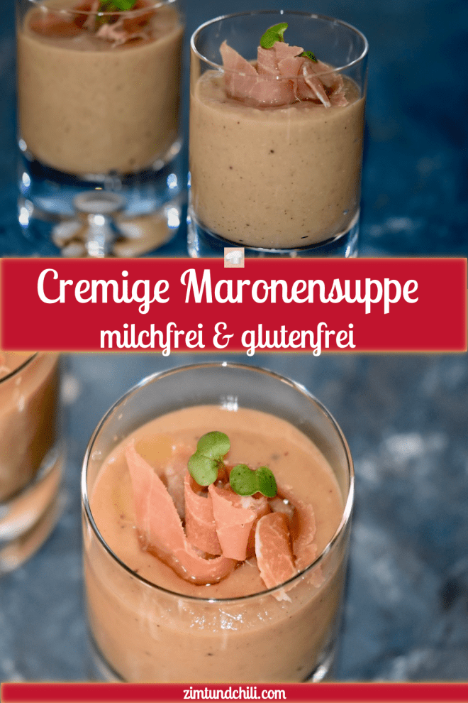 cremige Maronensuppe - Maronensuppe - cremig - einfach - lecker - Weihnachten - Schinken - Rezept - Portwein - Kokosmilch - gekochte Maronen - ohne Sahne - winterlich - Trüffelöl