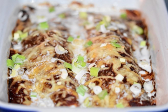 überbackene Enchiladas Rojas mit Hähnchen - überbackene Enchiladas - Enchiladas Rojas - rote Enchiladas - Enchiladas mit Hähnchen - glutenfrei - milchfrei - Rezept - einfach - mexikanische Enchiladas - Enchilada Sauce -vegane Variante