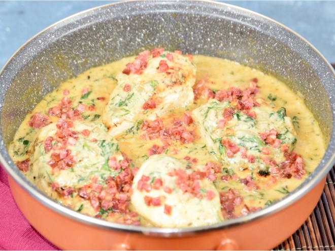 Honig-Senf-Hähnchen mit Spinat - Honig-Senf-Hähnchen - Spinat - Hähnchenbrust - Pfanne - Schinken - Marinade - Sauce - cremig - glutenfrei - milchfrei - laktosefrei - Hähnchen - Rezept - MealPrep -Low Carb