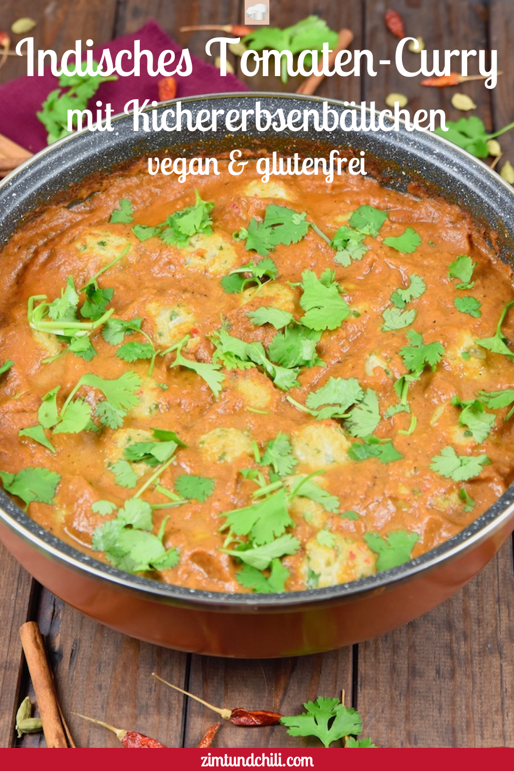 indisches Tomaten-Curry mit Kichererbsenbällchen - indisches Tomaten-Curry - indisches Curry - Kichererbsenbällchen - Sauce - Rezept - vegan - glutenfrei - einfach - Curry - Kichererbsen - gesund - Tomaten-Curry