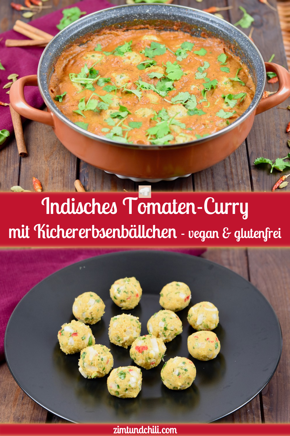 indisches Tomaten-Curry mit Kichererbsenbällchen - indisches Tomaten-Curry - indisches Curry - Kichererbsenbällchen - Sauce - Rezept - vegan - glutenfrei - einfach - Curry - Kichererbsen - gesund - Tomaten-Curry