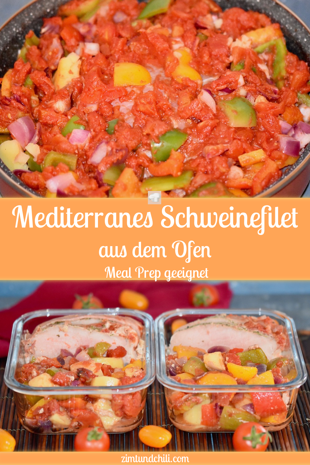 Mediterranes Schweinefilet aus dem Ofen - mit Gemüse - Rezept - abnehmen - einfach - im Schinkenmantel - Tomaten - Paprika - gesund - mediterran - mediterrane Küche - glutenfrei - milchfrei - Marinade -Schweinefilet -Fleisch