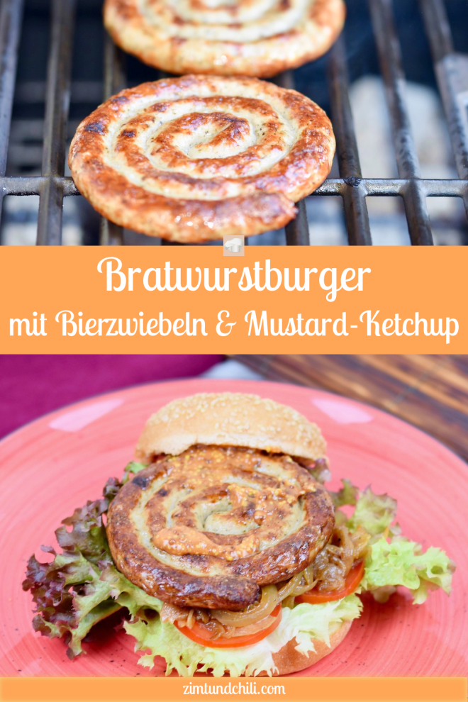 Bratwurstburger mit Bierzwiebeln und Mustard-Ketchup - Bratwurstburger - Bierzwiebeln - Mustard-Ketchup - Burger - grillen - Rezept - Bratwurst - Burger mit Bratwurstschnecke - Zwiebeln - ausgefallen - einfach - Ideen - schnell - glutenfrei - Wurst