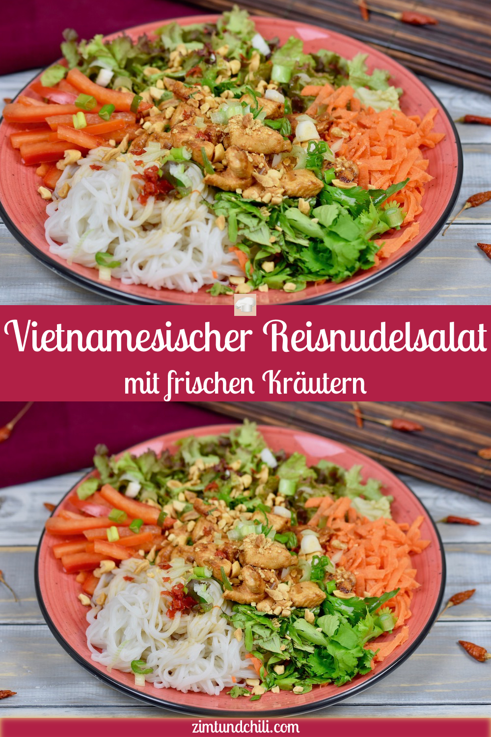 vietnamesischer Reisnudelsalat mit frischen Kräutern - Bun Gá Sa Ot - vietnamesischer Nudelsalat - Reisnudelsalat - Rezept - glutenfrei - milchfrei - Clean Eating - Limetten-Dressing - Erdnüsse - vietnamesisch - Salat - Bowl - Hähnchen