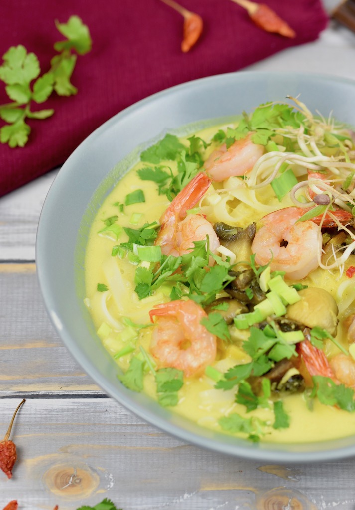 Laksa mit Garnelen - Laksa - Garnelen - malaysische Küche - Suppe - Rezept - einfach - vegane Variante - glutenfrei - Nudelsuppe - Singapur - Laksa Lemak - asiatisch