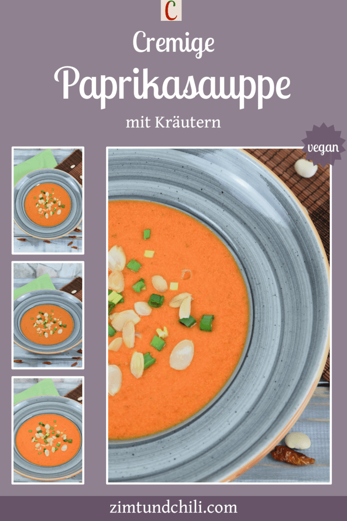 Cremige Paprikasuppe mit Kräutern in einem grauen Teller. Beschrifteter Pin mit mehreren Fotos.