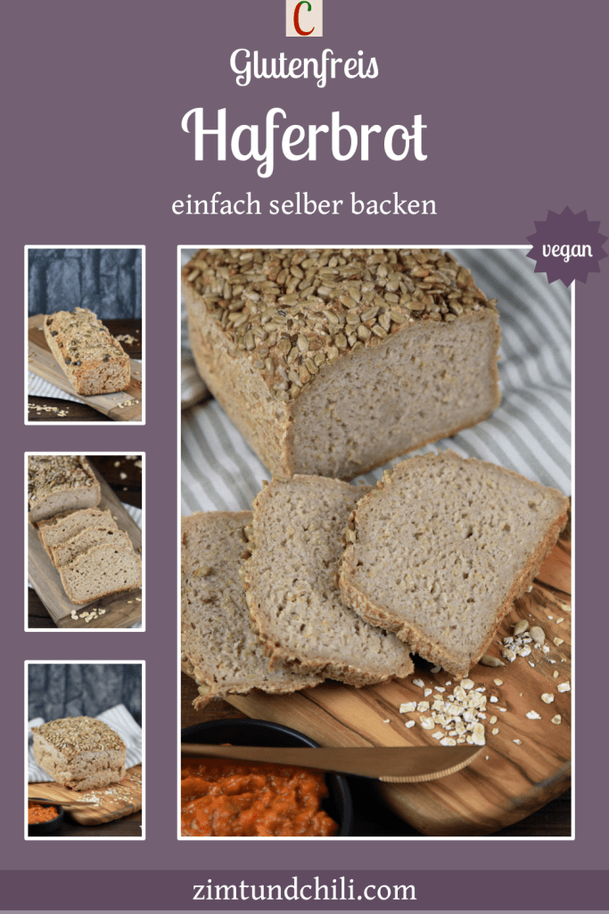 Glutenfreies Haferbrot auf Holzbrett. Beschrifteter Pin mit mehreren Fotos.