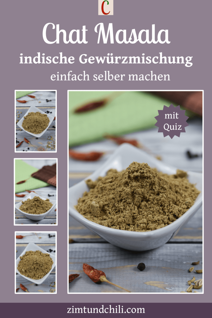 Chat Masala in weißer Schale. Heller Hintergrund, dekoriert mit Gewürzen. Beschrifteter Pin mit mehreren Fotos.