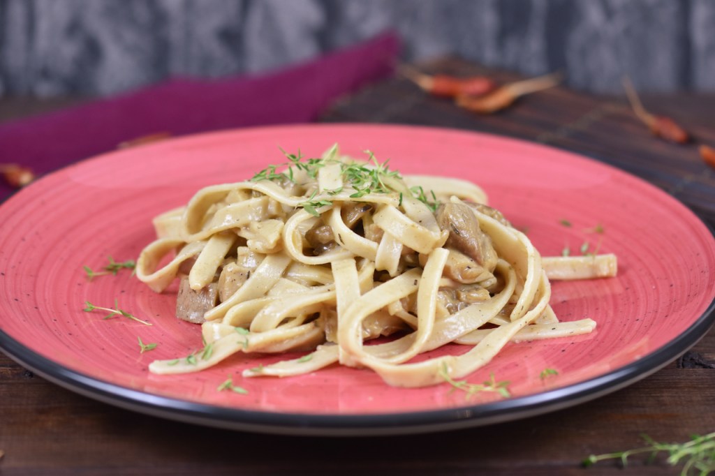 Tagliatelle in cremiger Steinpilzsauce auf rotem Teller. Hintergrund dunkel.