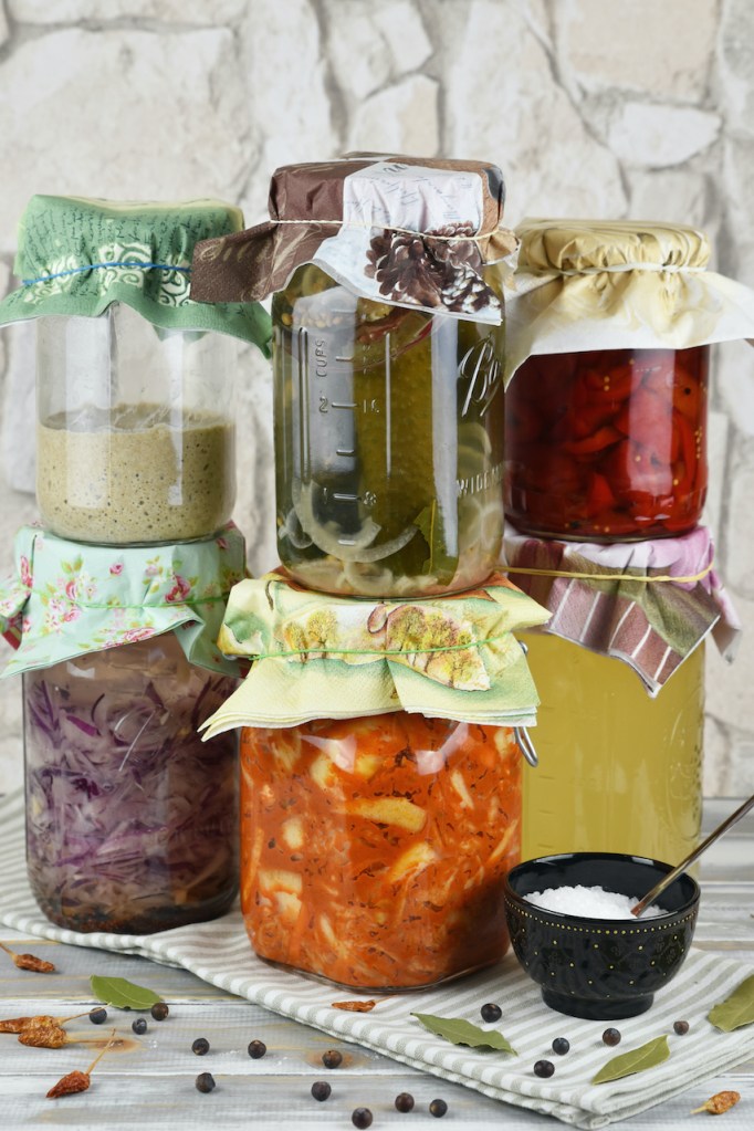 Einmachgläser gefüllt mit verschiedenen Fermenten der wilden Fermentation. Hintergrund hell.