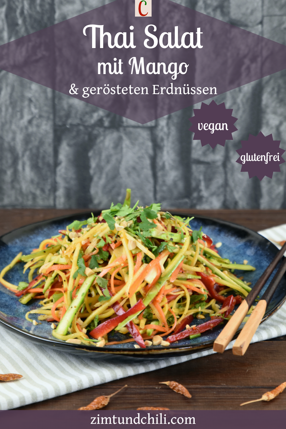 Thai Salat mit Mango und gerösteten Erdnüssen auf einem blauen Teller. Beschrifteter Pin.