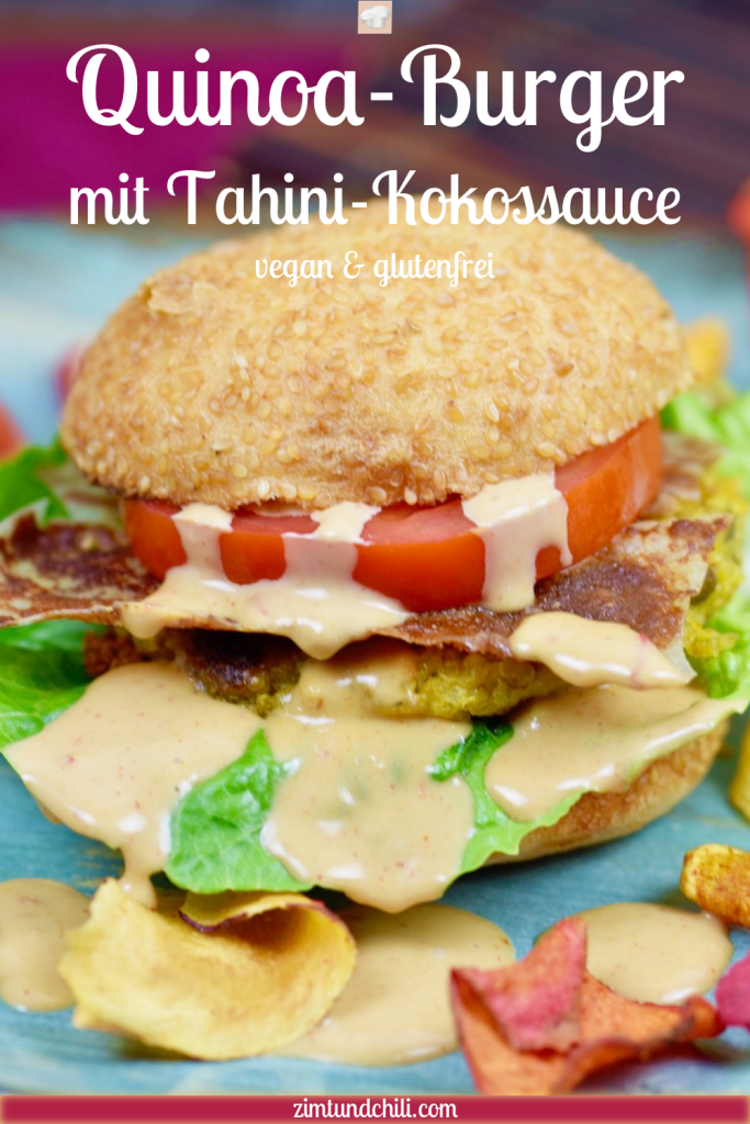 Quinoa-Burger mit Tahini-Kokossauce - Burger - Quinoa-Burger - Quinoa-Bratlinge - Quinoa - Rezept - vegan - glutenfrei - gesund - Burgersauce - Ideen - einfach