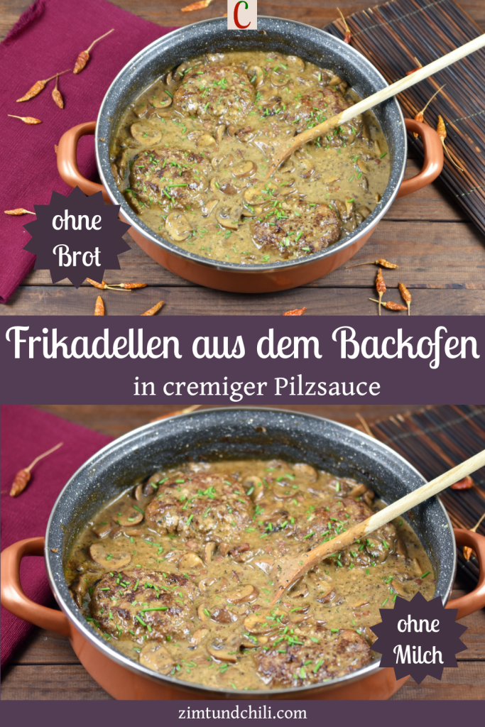 Frikadellen aus dem Backofen in cremiger Pilzsauce in einer tiefen Pfanne. Hintergrund dunkel. Beschrifteter Pin mit 2 Bildern.