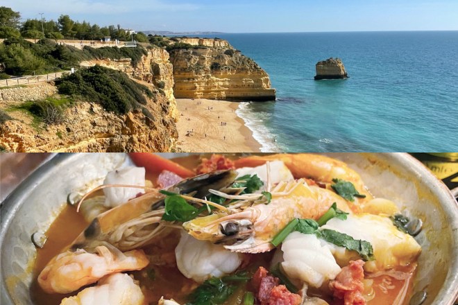 Portugiesische Küche: Bild mit zwei Fotos: oben Küste, unten Cataplana