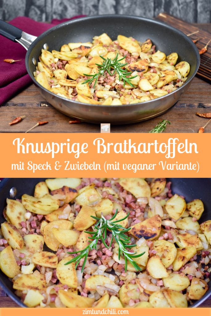 Knusprige Bratkartoffeln mit Speck und Zwiebeln in einer Pfanne, garniert mit Rosmarin - zwei Bilder -davon eine Nahaufnahme