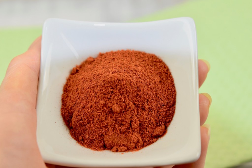 Paprikapulver in einem weißen Porzelanschälchen. Das Schälchen wird in der Hand gehalten. Hintergrund hell.