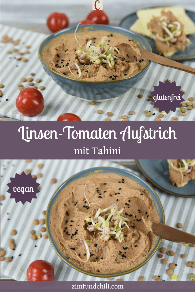Linsen-Tomaten-Aufstrich mit Tahini in einer grauen Schale. Hintergrund hell. Beschrifteter Pin mit zwei Fotos.