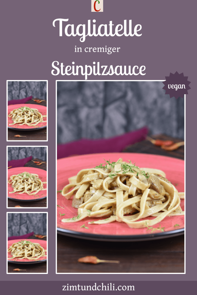 Tagliatelle in cremiger Steinpilzsauce auf rotem Teller. Hintergrund dunkel. Beschrifteter Pin mit mehreren Fotos.