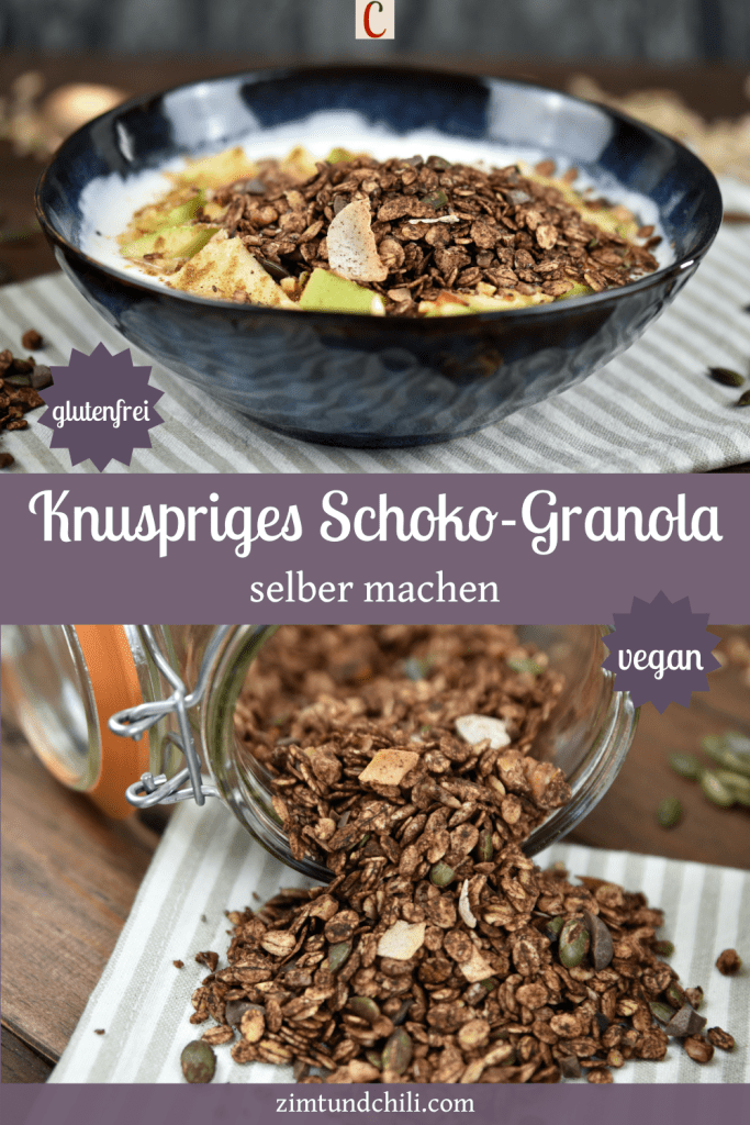 Schokoladen Granola in einer Schüssel mit Joghurt und Äpfeln und in einem liegenden Vorratsglas, etwas ist ausgeschüttet. Beschrifteter Pin.