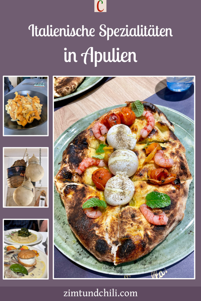 Italienische Spezialitäten in Apulien. Beschrufteter Pin mit mehreren Fotos.