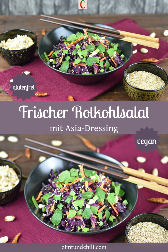 Frischer Rotkohlsalat mit Asia-Dressing in einer schwarzen Schale. Beschrifteter Pin mit zwei Fotos.