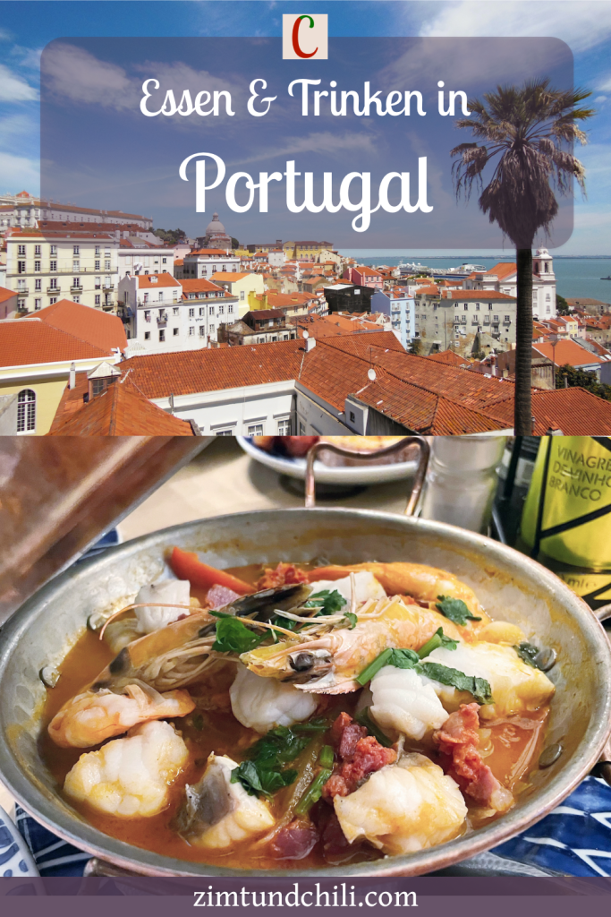 Portugiesische Küche: beschrifteter Pin mit Lissabon im oberen Teil und Cataplana im unteren.