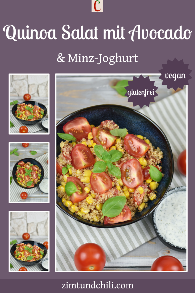 Quinoa Salat mit Avocado in einer schwarzen Schale. Daneben steht in einer kleineren Schale der Minz-Joghurt. Beschrifteter Pin mit mehreren Fotos.