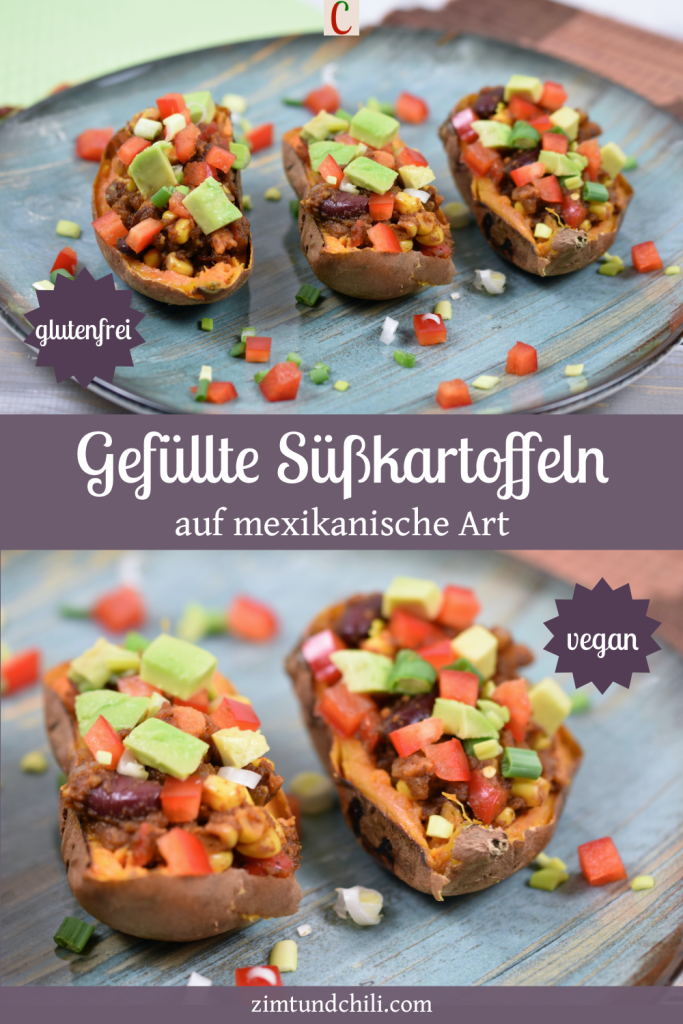 Gefüllte Süßkartoffel auf mexikanische Art dekoriert mit Paprika, Avocado und Frühlingszwiebeln. Beschrifteter Pin mit 2 Fotos.