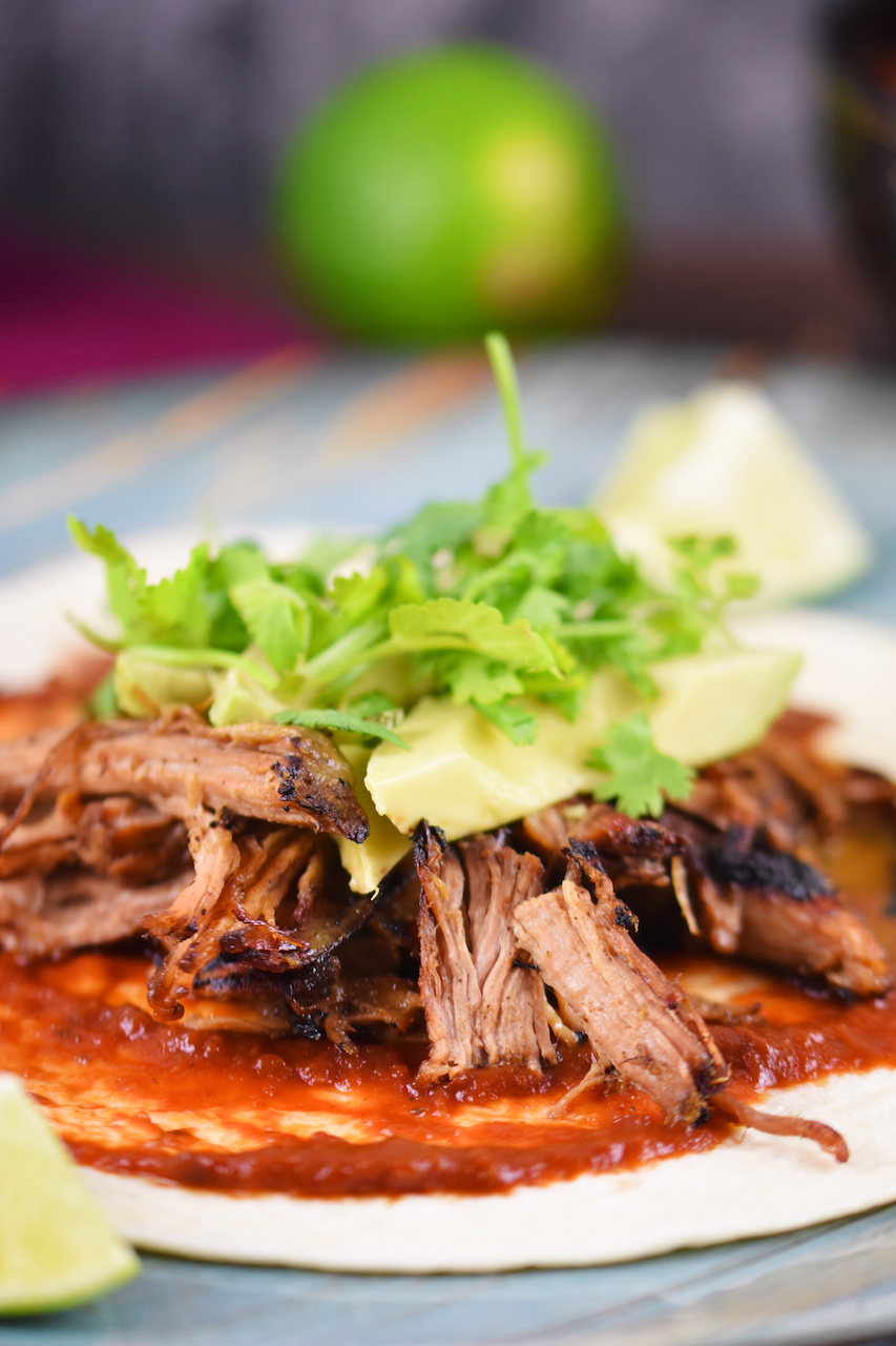 Mexikanische Carnitas mit Salsa de Chipotle, Avocado und Koriander auf Tortilla. Hintergrund dunkel.