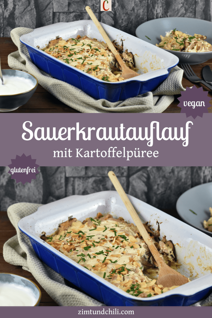 Sauerkrautauflauf mit Kartoffelpüree in einer Auflaufform aus Porzellan. Beschrifteter Pin mit 2 Fotos.