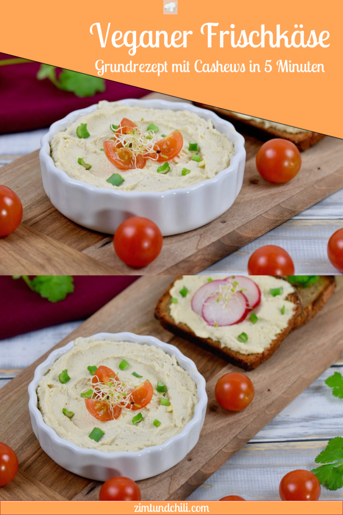 Veganer Frischkäse in weißer Schale, die auf einem Holzbrettchen steht. Der Frischkäse ist mit Vierteln von Cocktailtomaten, Frühlingszwiebel und Sprossen garniert. Im Hintergrund liegt eine Scheibe Brot mit Frischkäse und drei Scheiben Radieschen. Pin beschriftet mit zwei Fotos