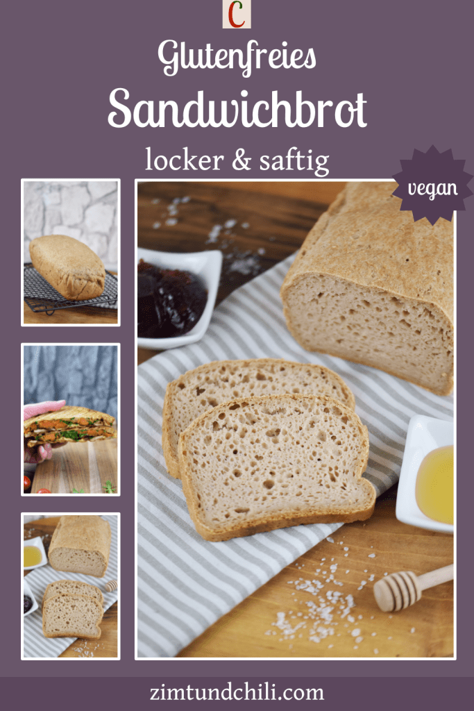 Glutenfreies Sandwichbrot teilweise angeschnitten auf Walnussbrett. Beschrifteter Pin mit mehreren Fotos.