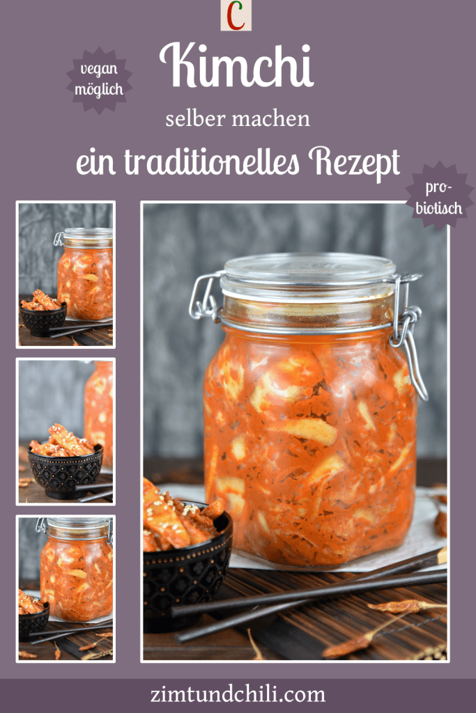 Kimchi selber machen - Kimchi in einem Einmachglas und in einem schwarzen Schälchen. Beschrifteter Pin mit mehreren Fotos.