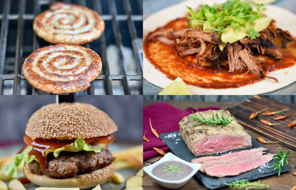 Clean Meat - Fleisch aus dem Labor - 4 Fotos, die Fleisch abbilden. Ein Burger, Carnitas, Roastbbef und Bratwurst.