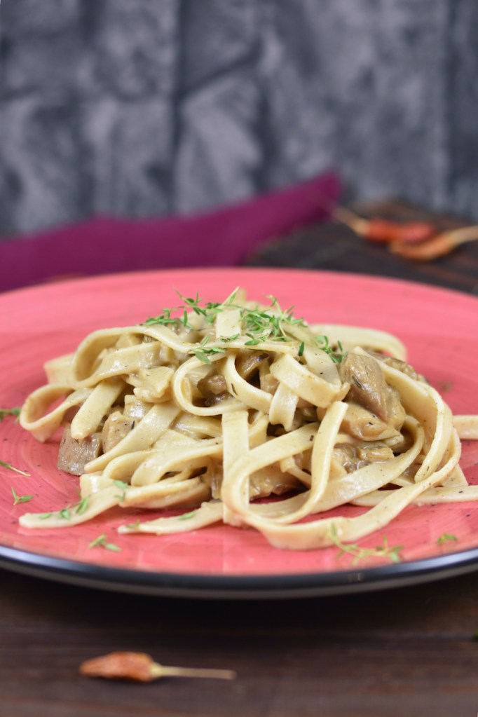 Tagliatelle in cremiger Steinpilzsauce auf rotem Teller. Hintergrund dunkel.