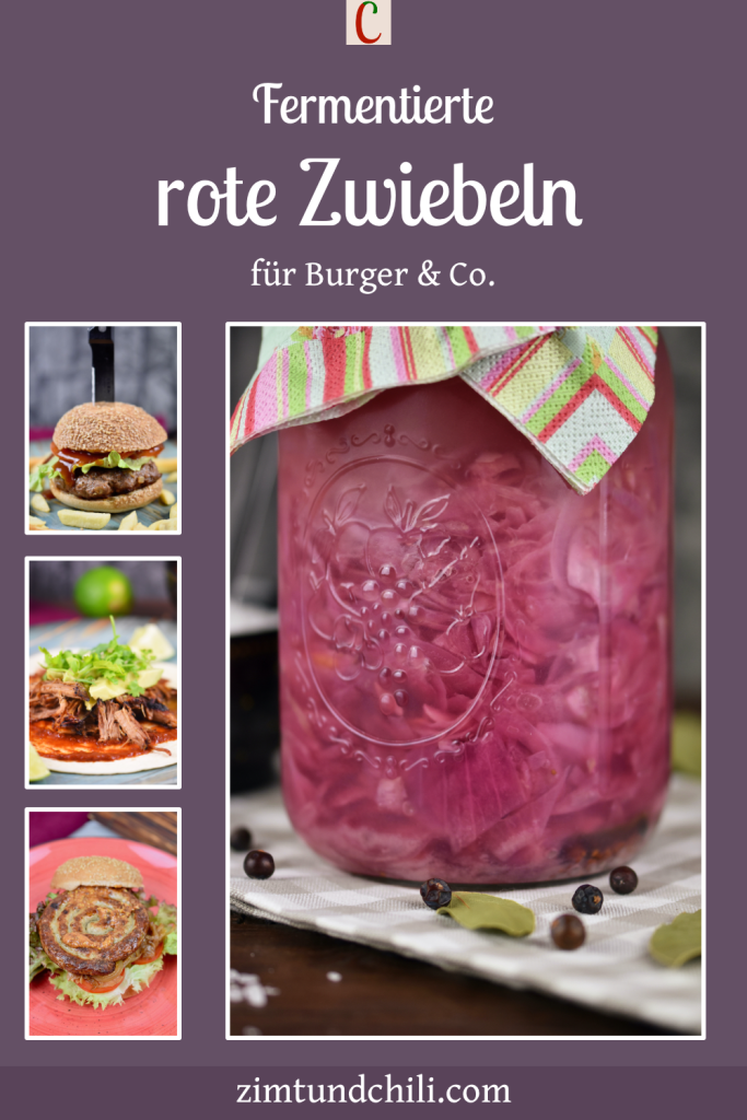 Fermentierte rote Zwiebeln in einem Einmachglas. Beschrifteter Pin mit mehreren Fotos.
