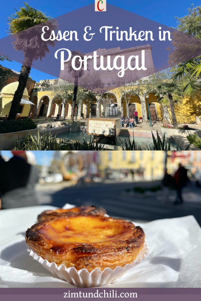 Portugiesische Küche: Beschrifteter Pin mit Silves im oberen Teil und Pasteis de nata im unteren.