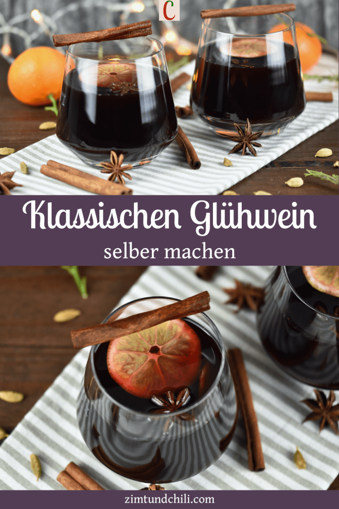 Klassischer Glühwein in 2 Gläsern auf hellem Tuch. Hintergrund dunkel. Beschrifteter Pin mit 2 Bildern.