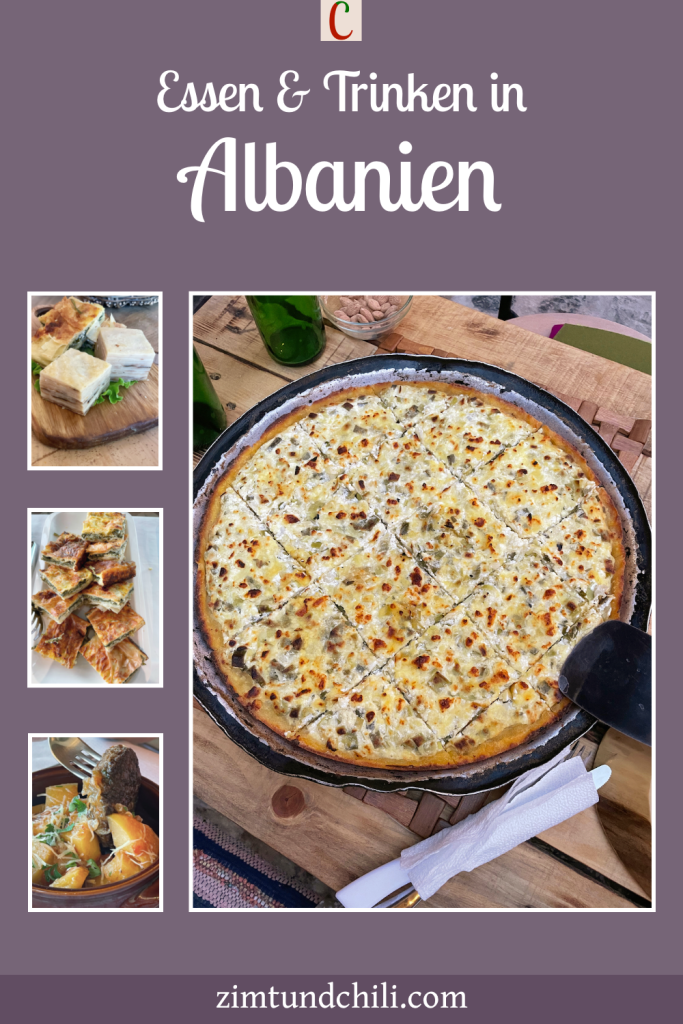 Essen und Trinken in Albanien - Beschrifteter Pin mit mehreren Fotos