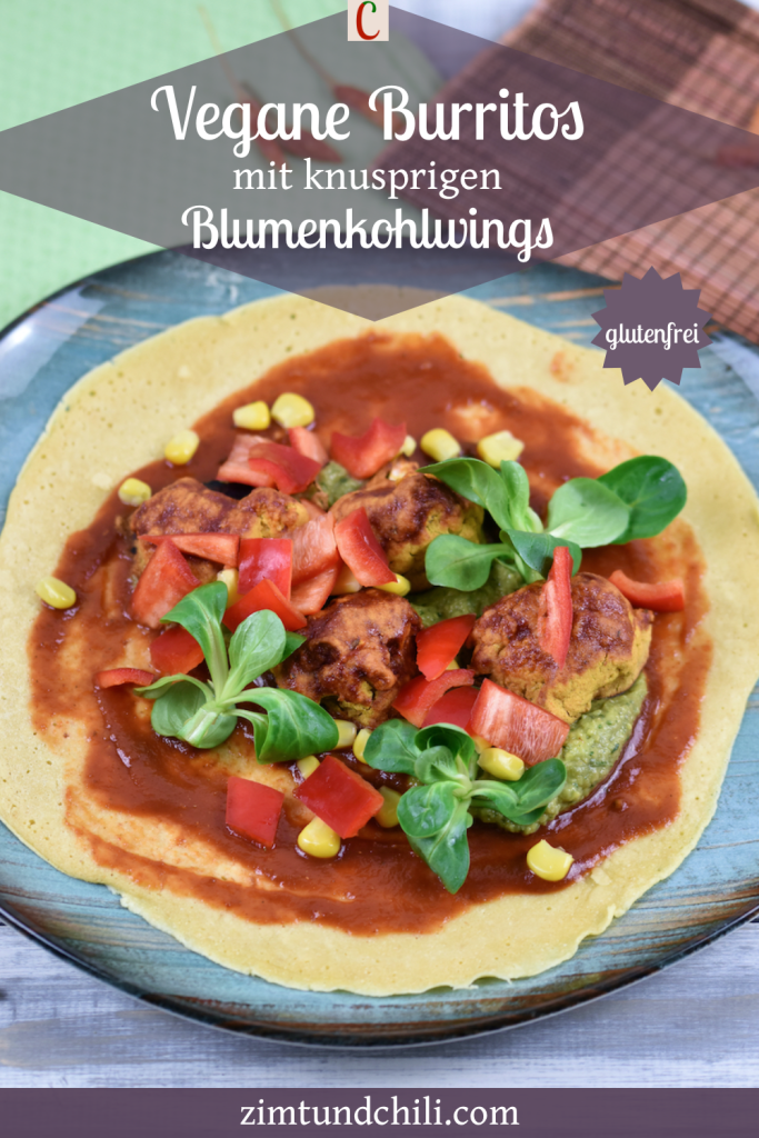 Vegane Burritos mit knusprigen Blumenkohlwings belegt aber noch nicht aufgerollt. Beschrifteter Pin